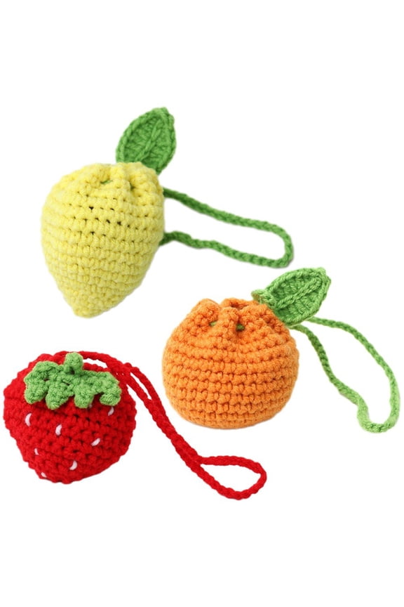 3Pcs Fruit Shaped Wool Crochet Coin Purses Drawstring Mini Storage Pouches for Daily Use 7.5x7cm