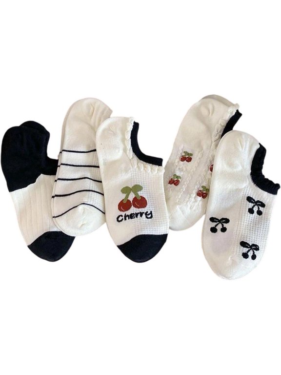 5 Pairs White Cherry Frilly Ankle Socks for Women Vintage Summer Socks One Size (EU33-40)