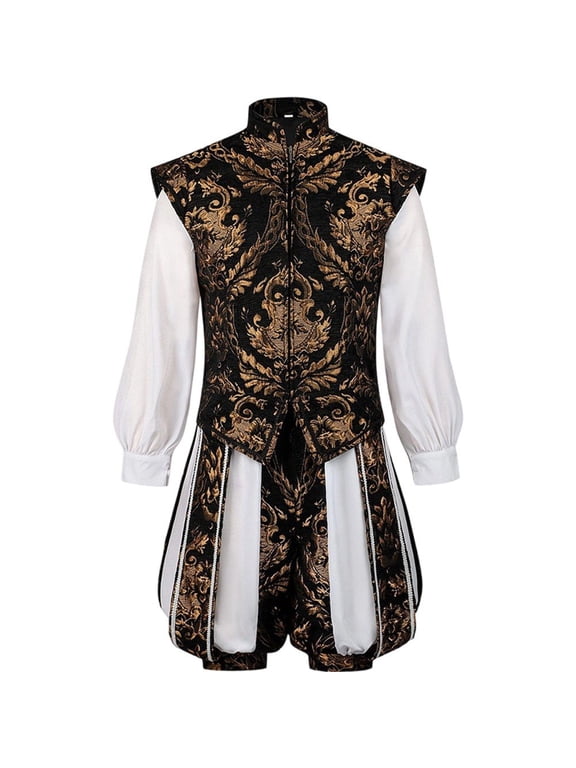Black Renaissance Tudor Nobleman Doublet Vest & Pumpkin Pants Blouses & Tops Outfit Set XXL 1pc