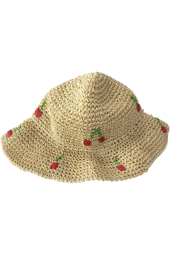 Cherry Embroidered Wide Brim Straw Hat UV Protection Summer Beach Bucket Hat for Women 1Pc