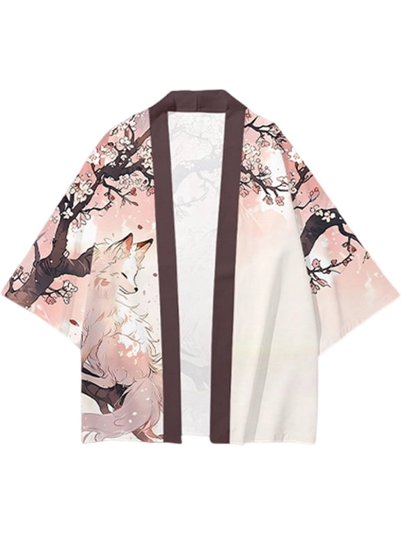 Pink Japanese Cherry Blossom Print Women's Yukata Haori Cardigan Blouses & Tops L 1pc