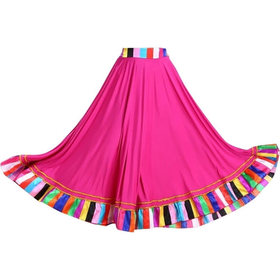 Vbsqjc Rose Red Colorful Striped Big Swing Folk Dance Skirts 1Pc