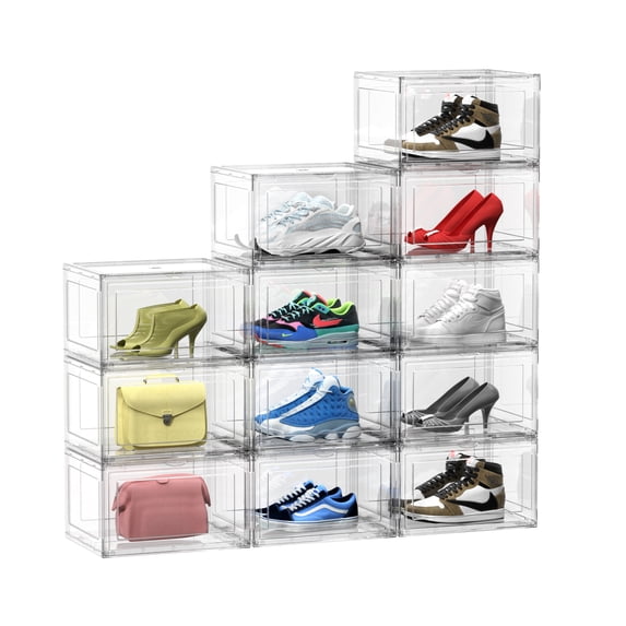 Vcansay 12 Packs Clear Plastic Stackable Acrylic Sneaker Boxes, Display Case for US Size 15 Shoes