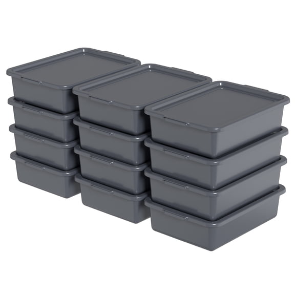 Vcansay 12 Packs Plastic Bus Tub with Lids, 13 L Commercial Bus Box, Gray