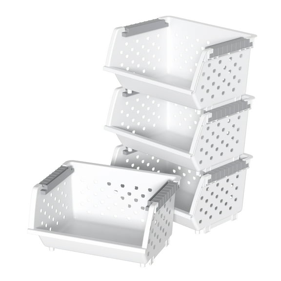 Vcansay 4 Packs Plastic Stackable Storage Basket, Large Stacking Baskets, Open Front Stacking Plastic Bins, White