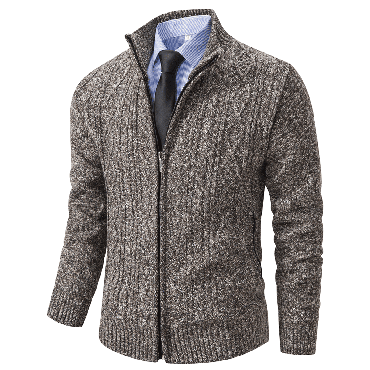 Vcansion Men's Stand Collar Full Zip Sweater with Pockets Brown M