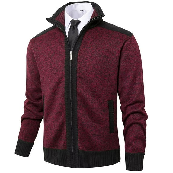 Vcansion Mens Casual Knit Full-Zipper Sweater with 2 Pockets Wine Red 2XL