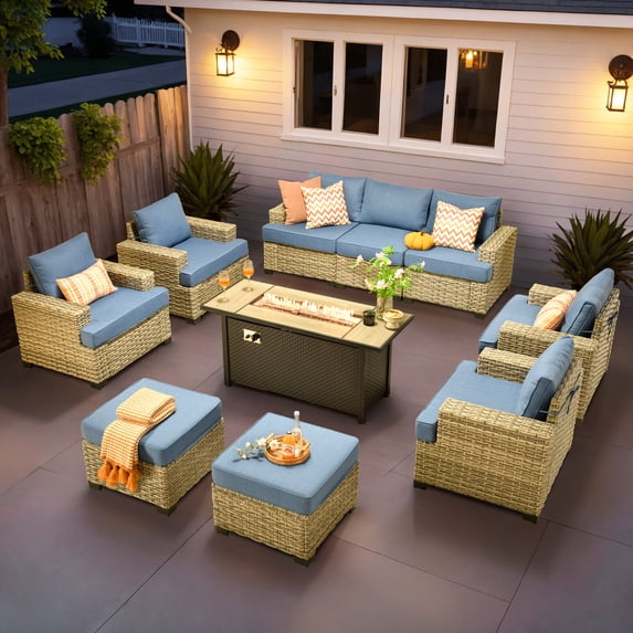 Vcatnet 10 Pieces Outdoor Patio Conversation Set with 54" Fire Pit Wicker High Back Sectional Sofa Furniture Denim Blue