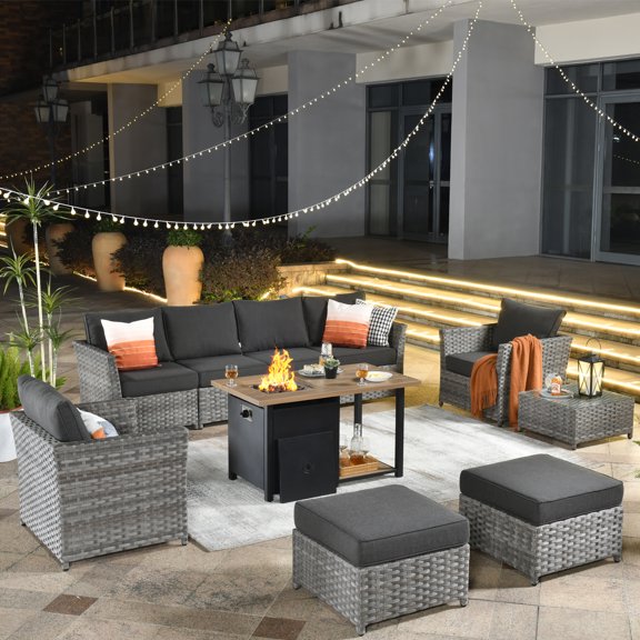 Vcatnet 10 Pieces Outdoor Patio Furniture Sectional Sofa All-weather Wicker Conversation Set with Fire Pit Table and Coffee Table for Garden,Backyard,Black