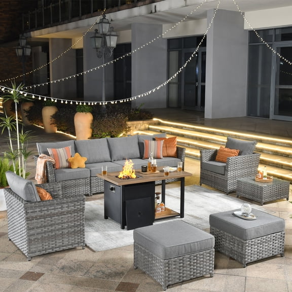 Vcatnet 10 Pieces Outdoor Patio Furniture Sectional Sofa All-weather Wicker Conversation Set with Fire Pit Table and Coffee Table for Garden,Backyard,Dark Gray