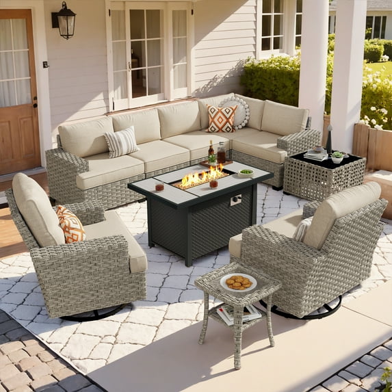Vcatnet 10 Pieces Outdoor Conversation Set with Swivel Chairs Patio Sectional Sofa with Fire Pit and Coffee Table Beige