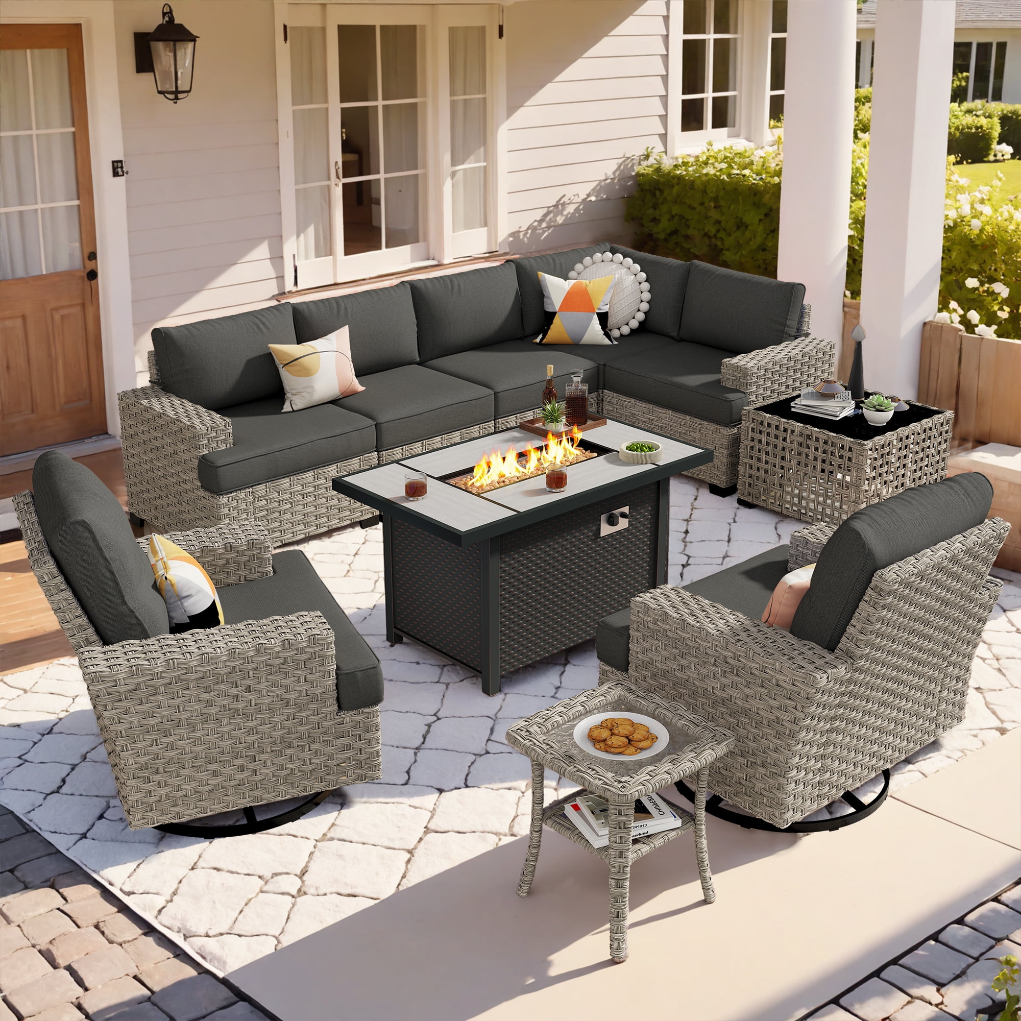 Vcatnet 10 Pieces Outdoor Conversation Set with Swivel Chairs Patio Sectional Sofa with Fire Pit and Coffee Table Black