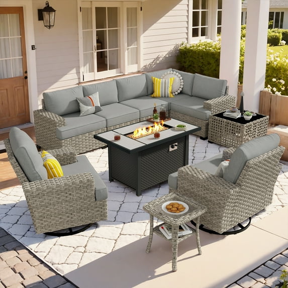 Vcatnet 10 Pieces Outdoor Conversation Set with Swivel Chairs Patio Sectional Sofa with Fire Pit and Coffee Table Dark Gray