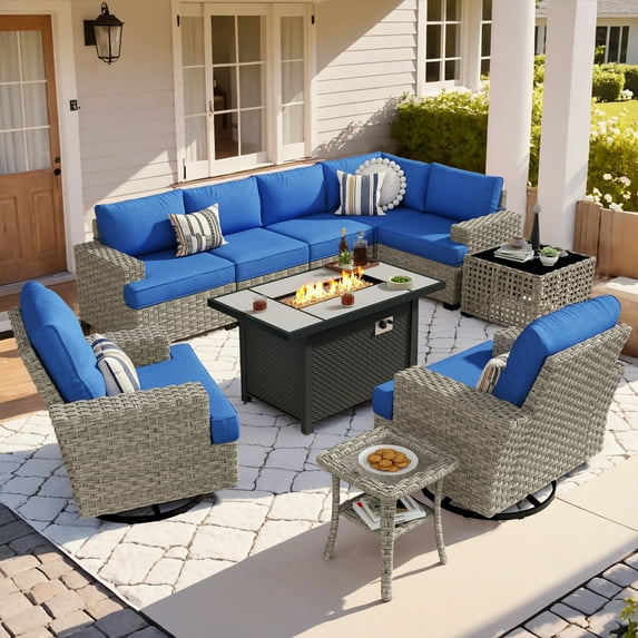 Vcatnet 10 Pieces Outdoor Conversation Set with Swivel Chairs Patio Sectional Sofa with Fire Pit and Coffee Table Navy Blue
