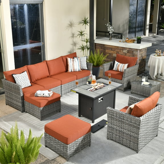 Vcatnet 10 Pieces Outdoor Patio Furniture Sets with Fire Pit Table Sectional Sofa All Weather PE Rattan Wicker Conversation Set with Ottoman and Coffee Table for Garden,Backyard,Orange Red
