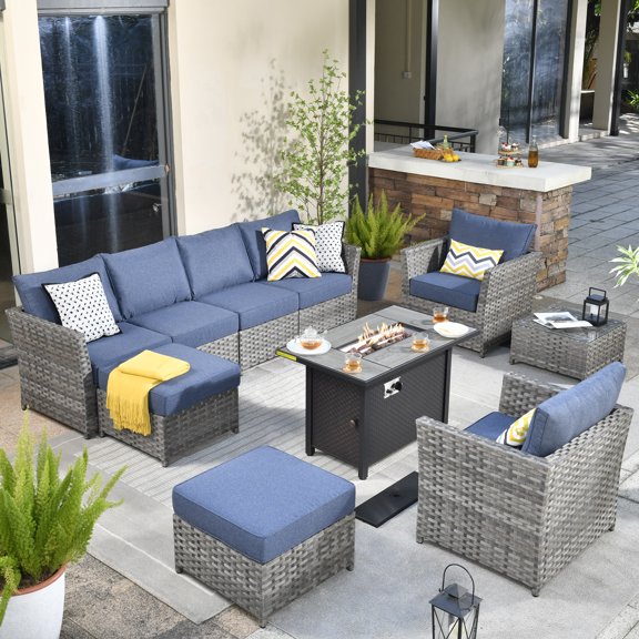 Vcatnet 10 Pieces Outdoor Patio Furniture Sets with Fire Pit Table Sectional Sofa All Weather PE Rattan Wicker Conversation Set with Ottoman and Coffee Table for Garden,Backyard,Denim Blue