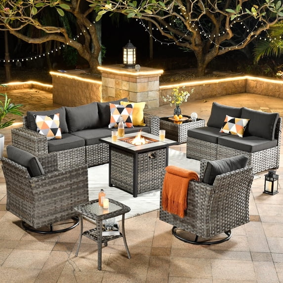 Vcatnet 10 Pieces Patio Furniture Outdoor Sectional Sofa Wicker Conversation Set with Rocking Chairs and Fire Pit Table for Garden,Poolside,Black