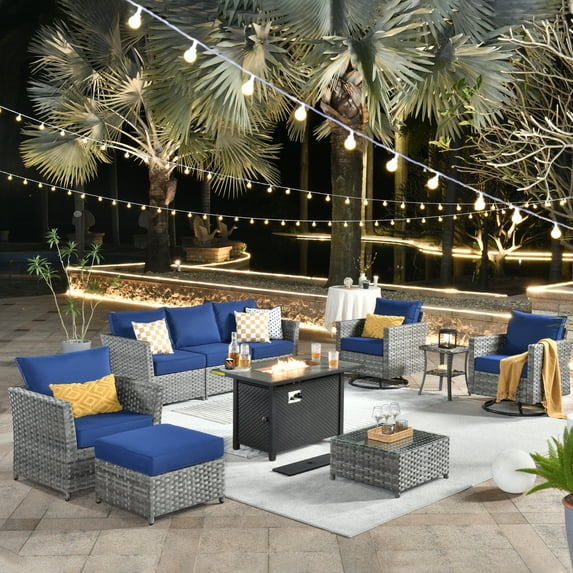 Vcatnet 10 Pieces Patio Furniture Set Outdoor Sectional Sofa All Weather PE Rattan Wicker Conversation Set with Swivel Rocking Chairs and Fire Pit Table for Garden,Porch,Navy Blue