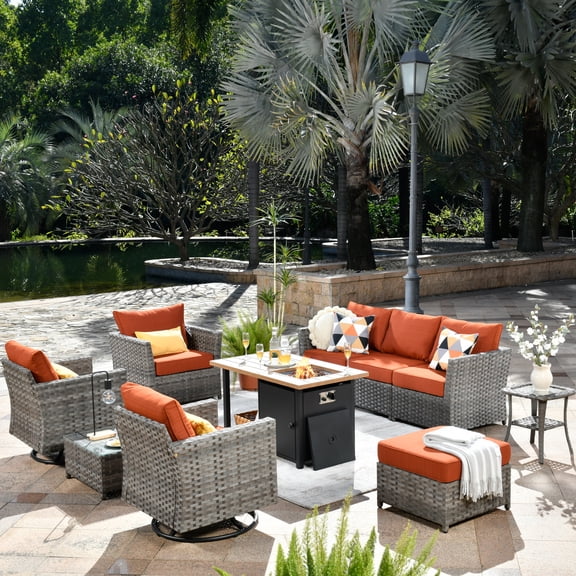 Vcatnet 10 Pieces Patio Outdoor Conversation Set All Weather Wicker Furniture Sofa Set with Swivel Rocking Chairs and Fire Pit Table for Garden,Backyard,Orange Red