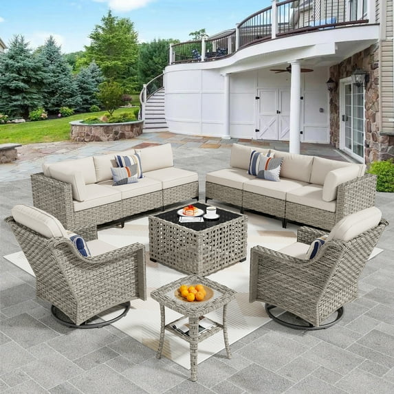 Vcatnet 10 Pieces Patio Outdoor Conversation Set Wicker Rattan Furniture Sofa Set with Swivel Rocking Chairs and Solar Lamp Coffee Table,Beige