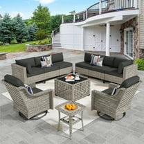 Vcatnet 10 Pieces Patio Outdoor Conversation Set Wicker Rattan Furniture Sofa Set with Swivel Rocking Chairs and Solar Lamp Coffee Table,Black