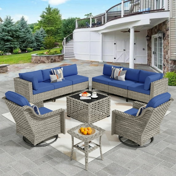 Vcatnet 10 Pieces Patio Outdoor Conversation Set Wicker Rattan Furniture Sofa Set with Swivel Rocking Chairs and Solar Lamp Coffee Table,Navy Blue