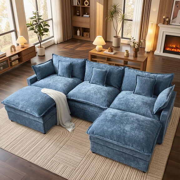 Vcatnet 107" Modular Sectional Sofa Couch Chenille Cloud Couch with 2 Ottomans L Shaped Oversized Modern Minimalist Couch for Living Room, Blue