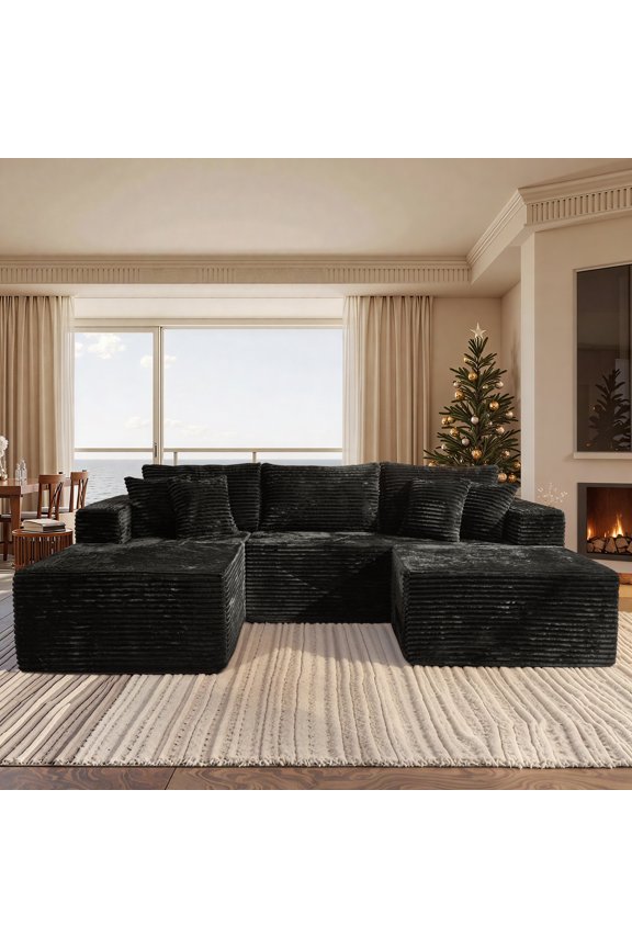 108" Modular Sectional Sofa Couch L Shaped Plush Corduroy Cloud Couch Modern Minimalist Couch with Chaise and Ottoman for Living Room, Black