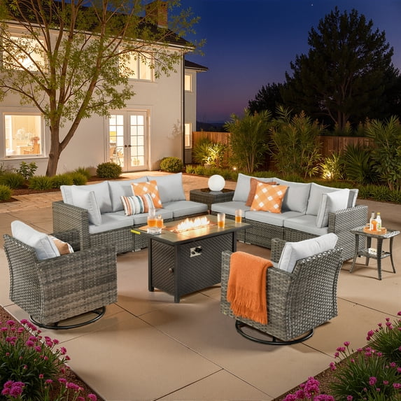 Vcatnet 11 Pieces Outdoor Patio Furniture Sets with Fire Pit Sectional Sofa All Weather Wicker Conversation Set with Swivel Chairs, Gray
