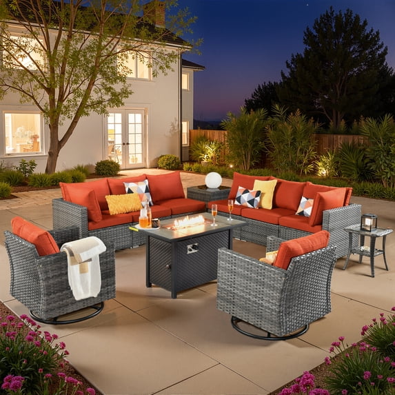 Vcatnet 11 Pieces Outdoor Patio Furniture Sets with Fire Pit Sectional Sofa All Weather Wicker Conversation Set with Swivel Chairs, Orange Red