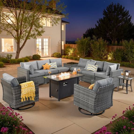 Vcatnet 11 Pieces Outdoor Patio Furniture Sets with Fire Pit Sectional Sofa All Weather Wicker Conversation Set with Swivel Chairs, Dark Gray