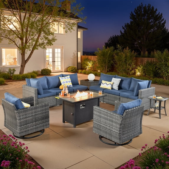Vcatnet 11 Pieces Outdoor Patio Furniture Sets with Fire Pit Sectional Sofa All Weather Wicker Conversation Set with Swivel Chairs, Denim Blue