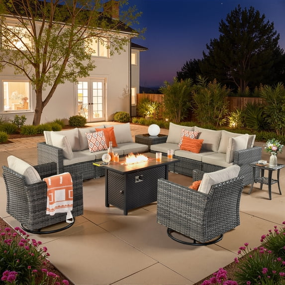 Vcatnet 11 Pieces Outdoor Patio Furniture Sets with Fire Pit Sectional Sofa All Weather Wicker Conversation Set with Swivel Chairs, Beige