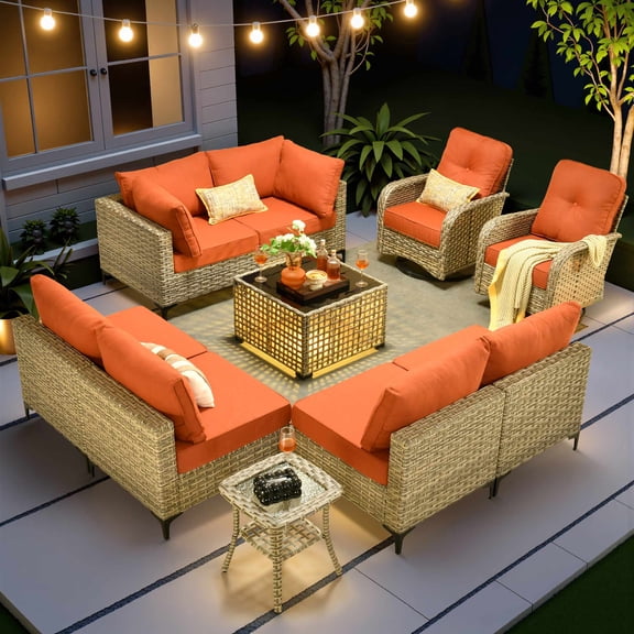 Vcatnet Outdoor Furniture 10 Pieces Patio Conversation Set All-Weather Rattan Wicker Outdoor Sectionals with Swivel Rocking Chair and Solar-Powered Coffee Table Coarse Orange Red