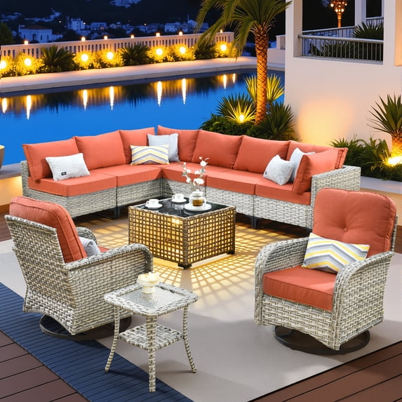 Vcatnet Outdoor Furniture 10 Pieces Patio Conversation Set All-Weather Rattan Wicker Outdoor Sectionals with Swivel Rocking Chair and Solar-Powered Coffee Table Coarse Orange Red