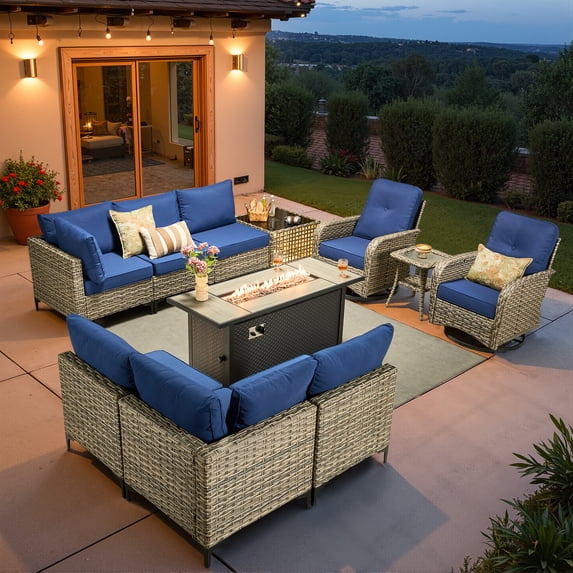 Vcatnet 11 Pieces Patio Furniture Sets with 54" Fire Pit Table,Outdoor Wicker Rattan Sectional Sofa,All Weather Conversation Set with Swivel Glider Chairs and Coffee Table,Navy Blue