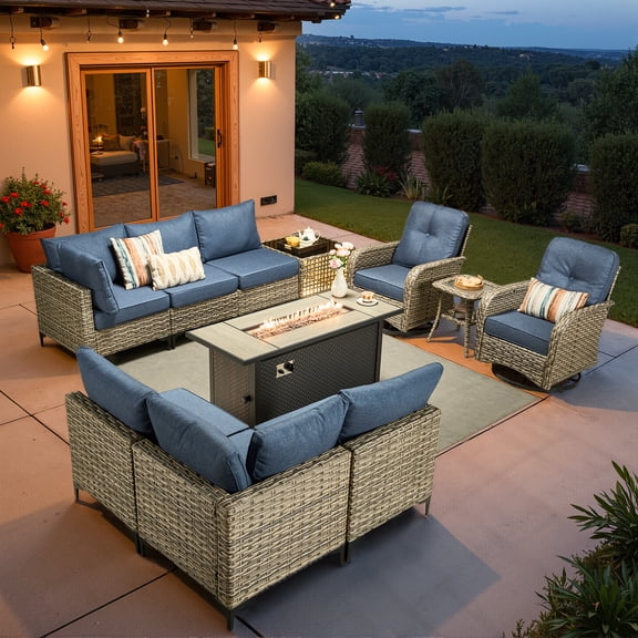 Vcatnet 11 Pieces Patio Furniture Sets with 54" Fire Pit Table,Outdoor Wicker Rattan Sectional Sofa,All Weather Conversation Set with Swivel Glider Chairs and Coffee Table,Denim Blue