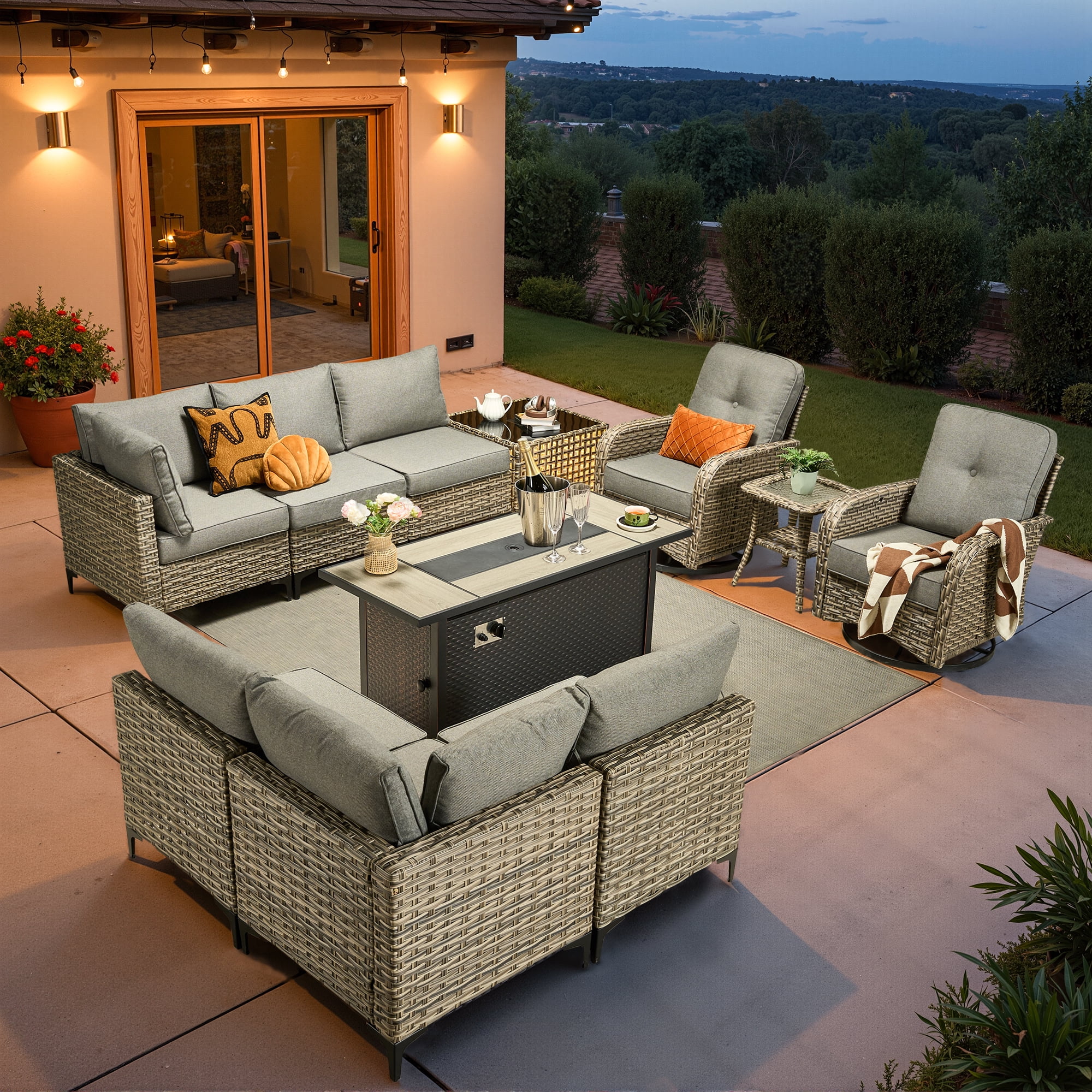 Vcatnet 11 Pieces Patio Furniture Sets with 54" Fire Pit Table, Outdoor Wicker Rattan Sectional Sofa, All Weather Conversation Set with Swivel Glider Chairs and Coffee Table, Dark Gray