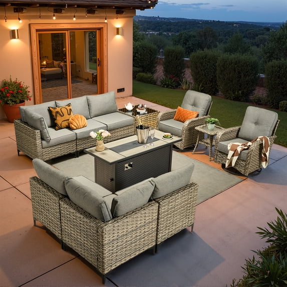 Vcatnet 11 Pieces Patio Furniture Sets with 54" Fire Pit Table, Outdoor Wicker Rattan Sectional Sofa, All Weather Conversation Set with Swivel Glider Chairs and Coffee Table, Dark Gray