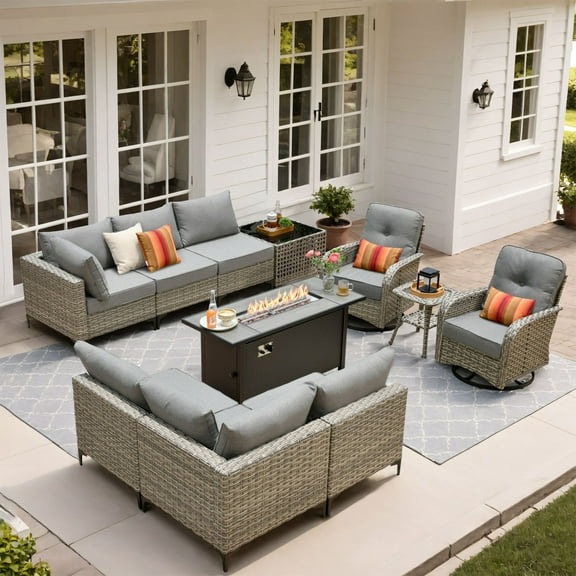 Vcatnet 11 Pieces Patio Furniture Sets with 54" Fire Pit Table, Outdoor Wicker Rattan Sectional Sofa, All Weather Conversation Set with Swivel Glider Chairs and Solar Powered Coffee Table, Dark Gray
