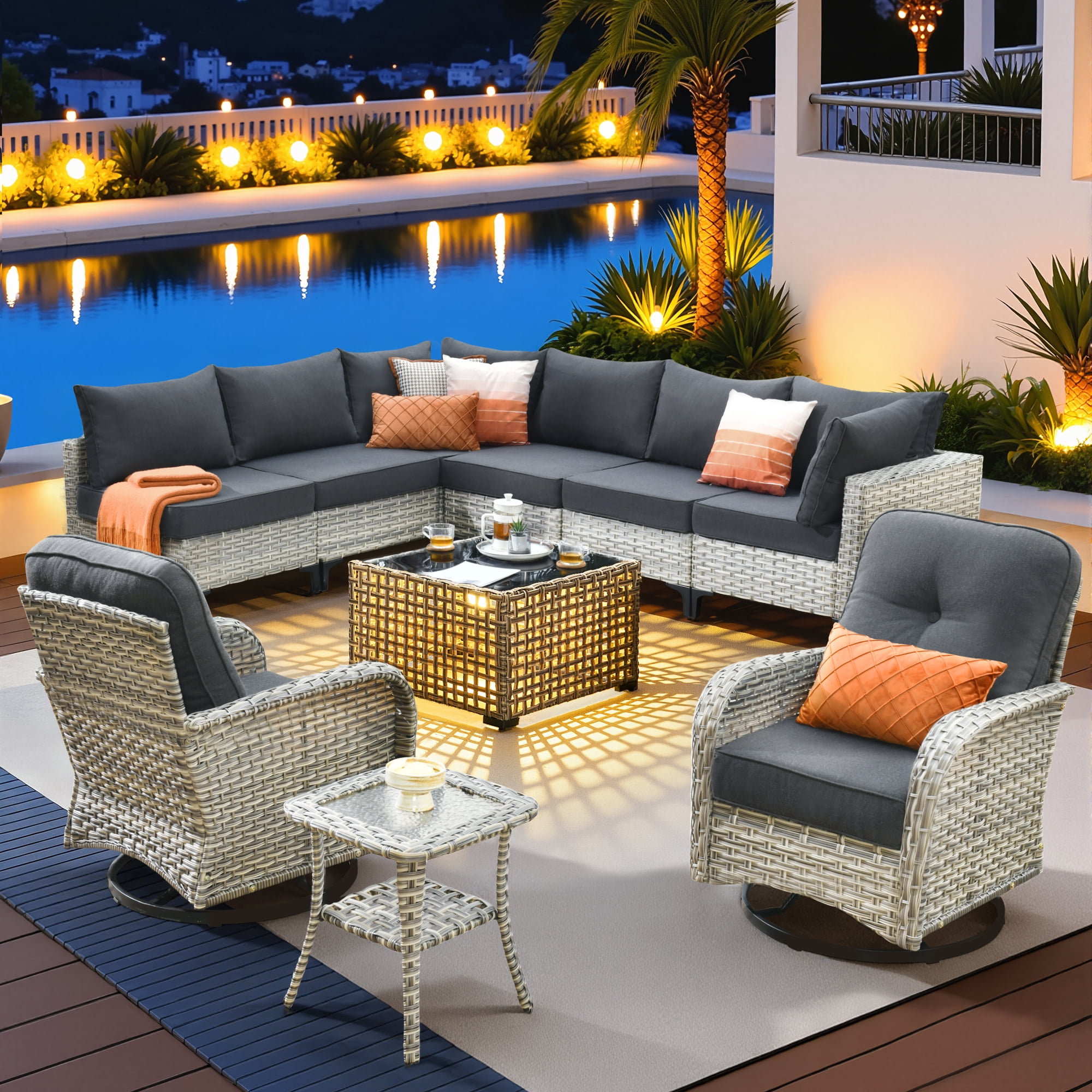 Vcatnet Outdoor Furniture 10 Pieces Patio Conversation Set All-Weather Rattan Wicker Outdoor Sectionals with Swivel Rocking Chair and Solar-Powered Coffee Table Black