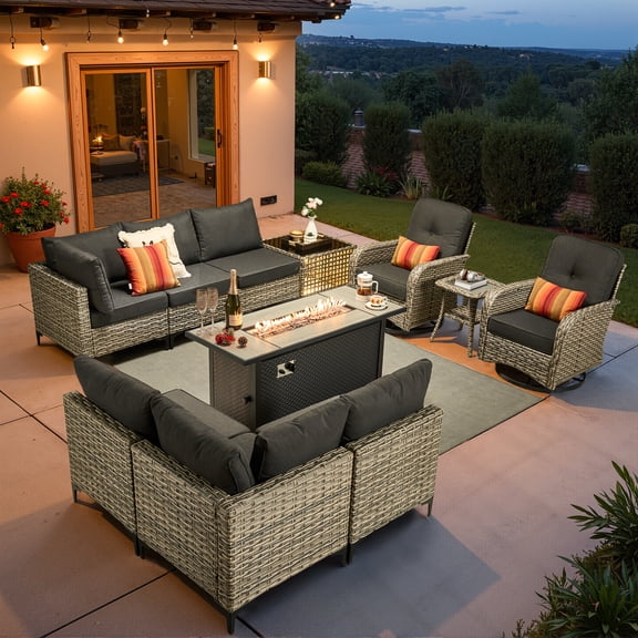 Vcatnet 11 Pieces Patio Furniture Sets with 54" Fire Pit Table, Outdoor Wicker Rattan Sectional Sofa, All Weather Conversation Set with Swivel Glider Chairs and Coffee Table, Black