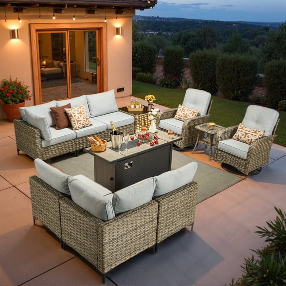 Vcatnet 11 Pieces Patio Furniture Sets with 54" Fire Pit Table, Outdoor Wicker Rattan Sectional Sofa, All Weather Conversation Set with Swivel Glider Chairs and Coffee Table, Gray