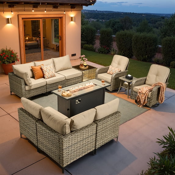 Vcatnet 11 Pieces Patio Furniture Sets with 54" Fire Pit Table, Outdoor Wicker Rattan Sectional Sofa, All Weather Conversation Set with Swivel Glider Chairs and Coffee Table, Beige