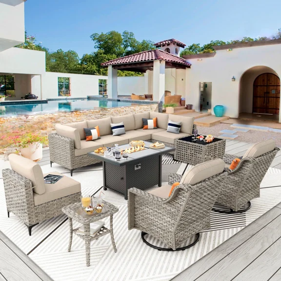 Vcatnet 11 Pieces Patio Outdoor Conversation Set All Weather Wicker Furniture Swivel Rocking Chairs Sofa Set with Fire Pit Table and Solar Lamp Coffee Table,Beige