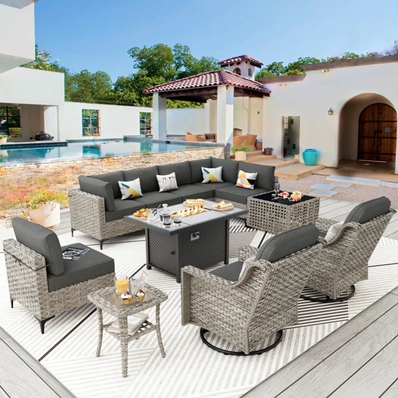 Vcatnet 11 Pieces Patio Outdoor Conversation Set All Weather Wicker Furniture Swivel Rocking Chairs Sofa Set with Fire Pit Table and Solar Lamp Coffee Table,Black