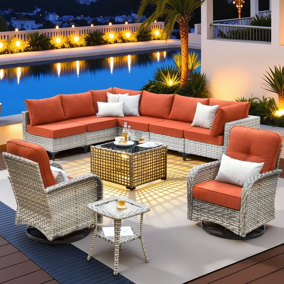 Vcatnet Outdoor Furniture 10 Pieces Patio Conversation Set All-Weather Rattan Wicker Outdoor Sectionals with Swivel Rocking Chair and Solar-Powered Coffee Table Orange Red