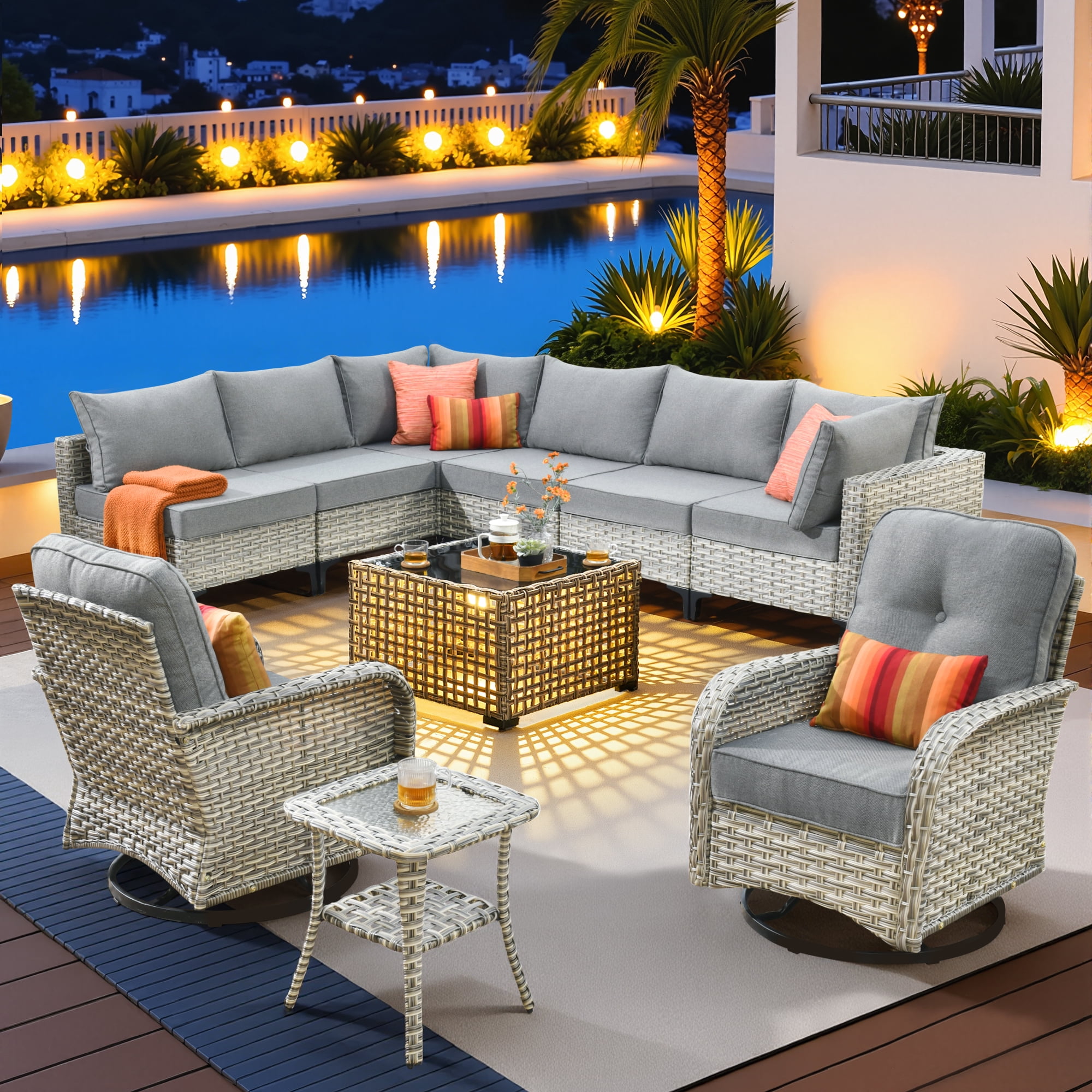 Vcatnet Outdoor Furniture 10 Pieces Patio Conversation Set All-Weather Rattan Wicker Outdoor Sectionals with Swivel Rocking Chair and Solar-Powered Coffee Table Dark Gray