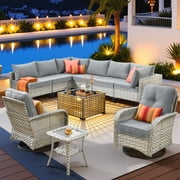 Vcatnet Outdoor Furniture 10 Pieces Patio Conversation Set All-Weather Rattan Wicker Outdoor Sectionals with Swivel Rocking Chair and Solar-Powered Coffee Table
