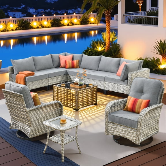 Vcatnet Outdoor Furniture 10 Pieces Patio Conversation Set All-Weather Rattan Wicker Outdoor Sectionals with Swivel Rocking Chair and Solar-Powered Coffee Table Dark Gray